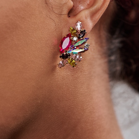 Multicolor Crystal Statement Stud Earrings Pink Yellow Rhinestone Cluster - Picture 2 of 5